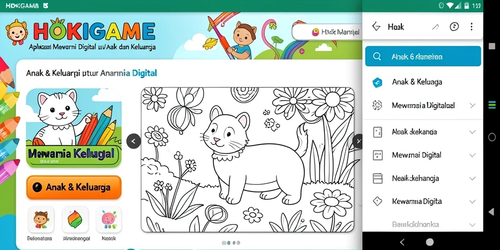 Antarmuka aplikasi mewarnai HOKIGAME yang menarik dan colorful.